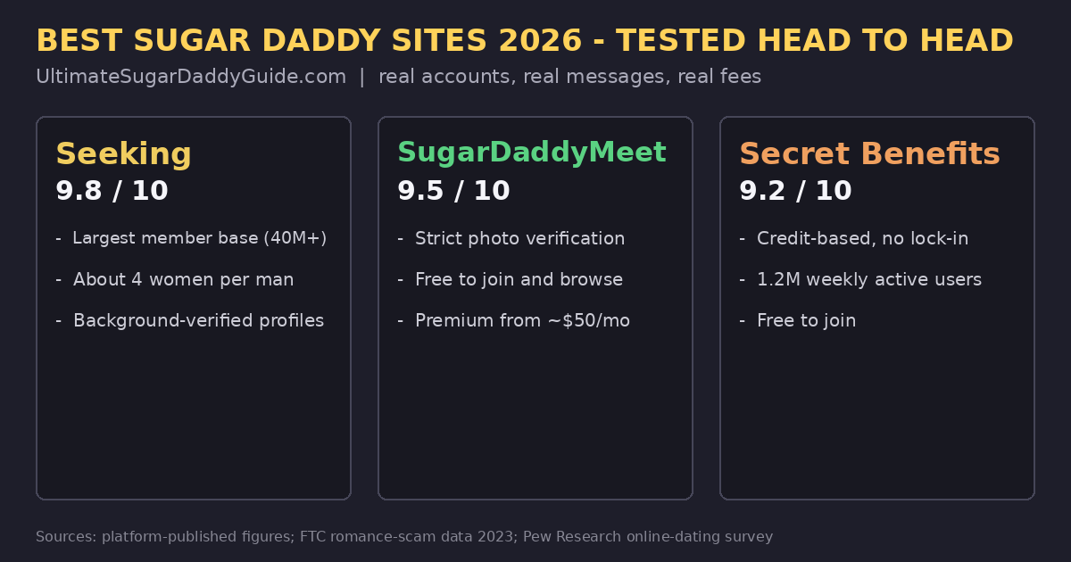 Best sugar daddy sites 2026 head-to-head: Seeking 9.8, SugarDaddyMeet 9.5, Secret Benefits 9.2 - verification, pricing, and member counts compared